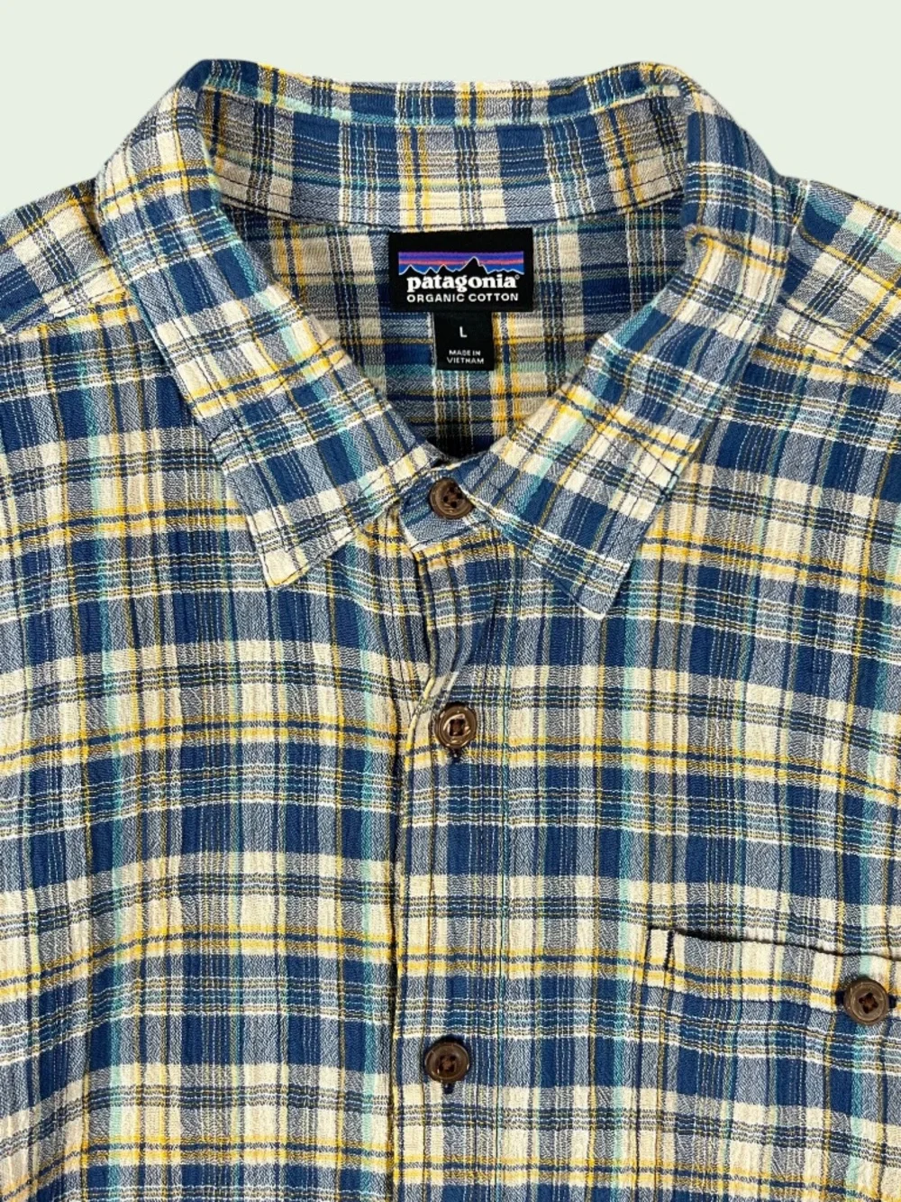 Patagonia Organic Cotton Button Up Shirt Men's Large Seersucker Tartan Plaid